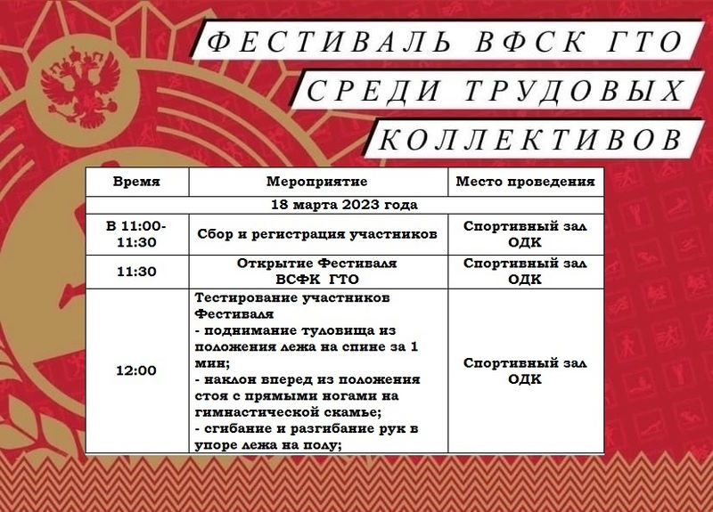 Фестиваль Всероссийского физкультурно-спортивного комплекса «Готов к труду и обороне» (ГТО) среди трудовых коллективов.